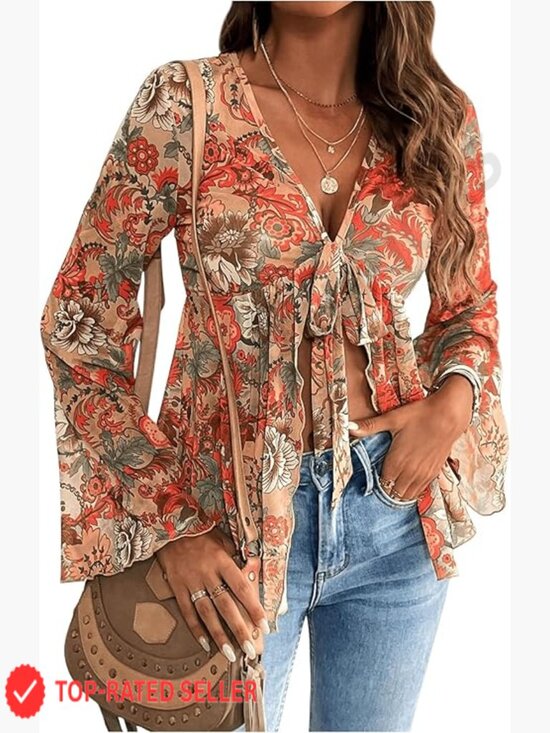 Tops - Bell Sleeve Top Tie Front Mesh V Neck Ruffle Peplum Blouse Sheer Long Sleeve